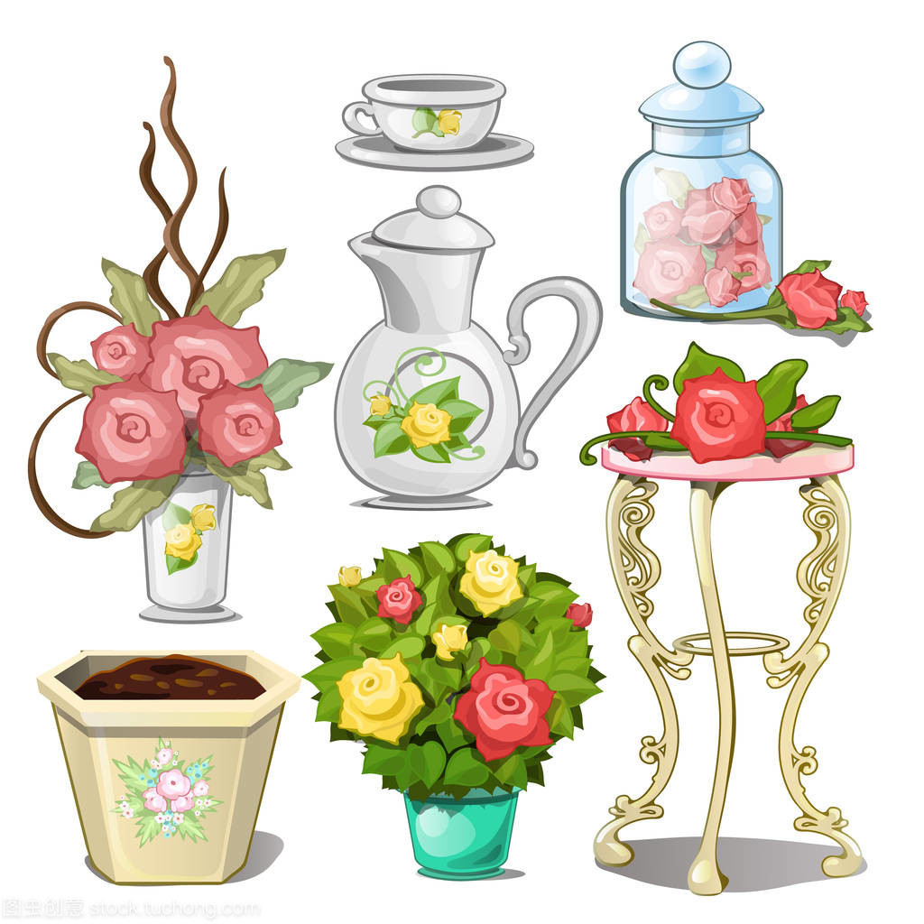 一套室內物件和餐具, 配以花芽形式的裝飾品。矢量插圖
